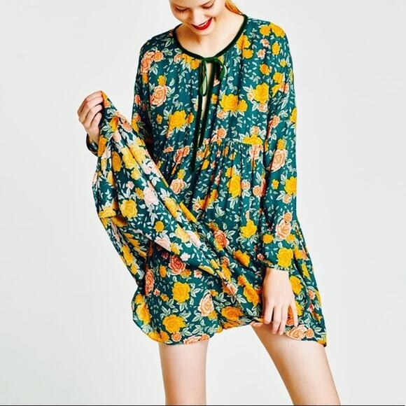 Zara Floral Long Sleeve Romper in Green with Velvet Tie - Picture 2 of 15